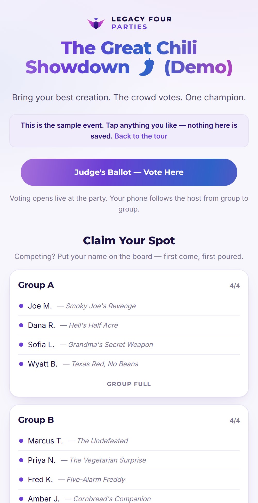 The guest page: a live sign-up board with competitors' names