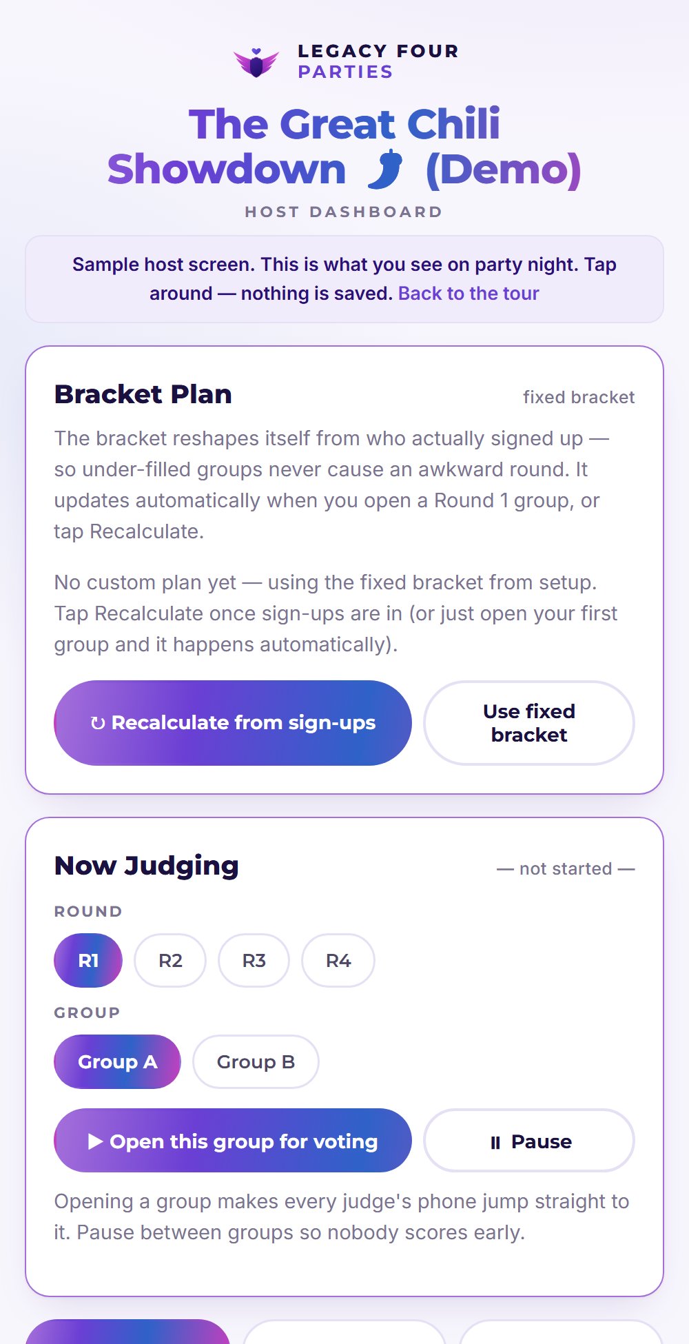 The host screen: open groups for voting and watch scores tally live